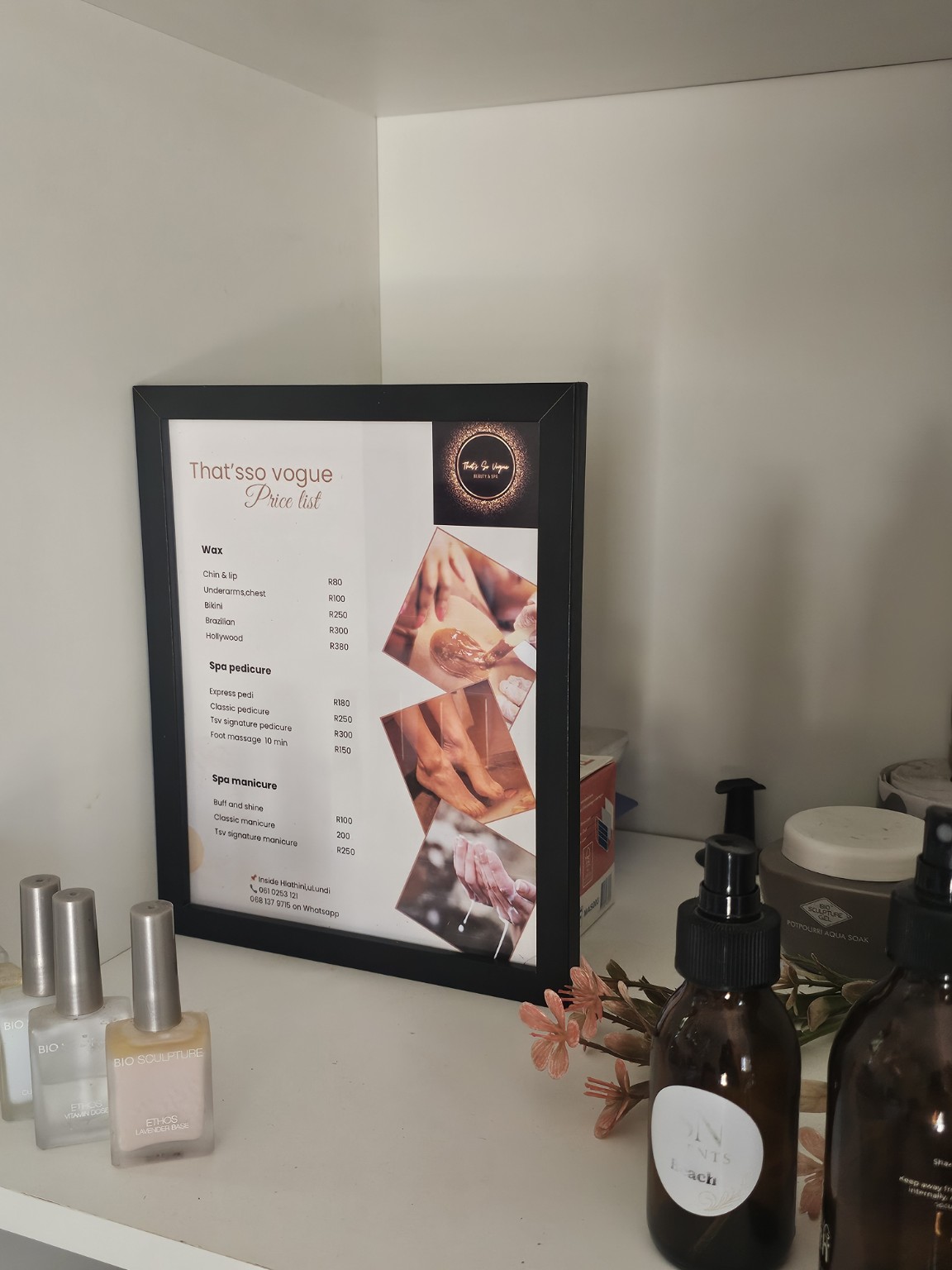 Beauty spa products and price list display